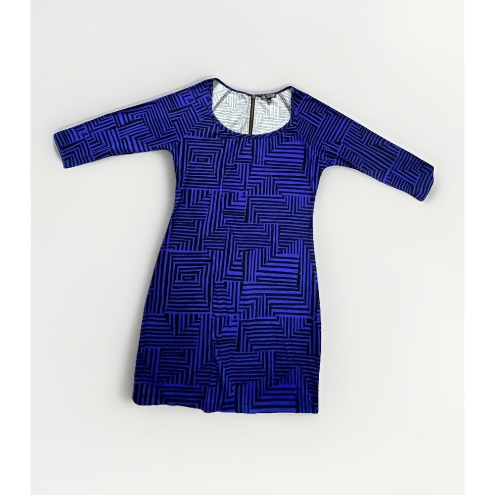 Be Bop Bodycon Dress Womens Large Blue Geometric Stretch 3/4 Sleeve Club Party